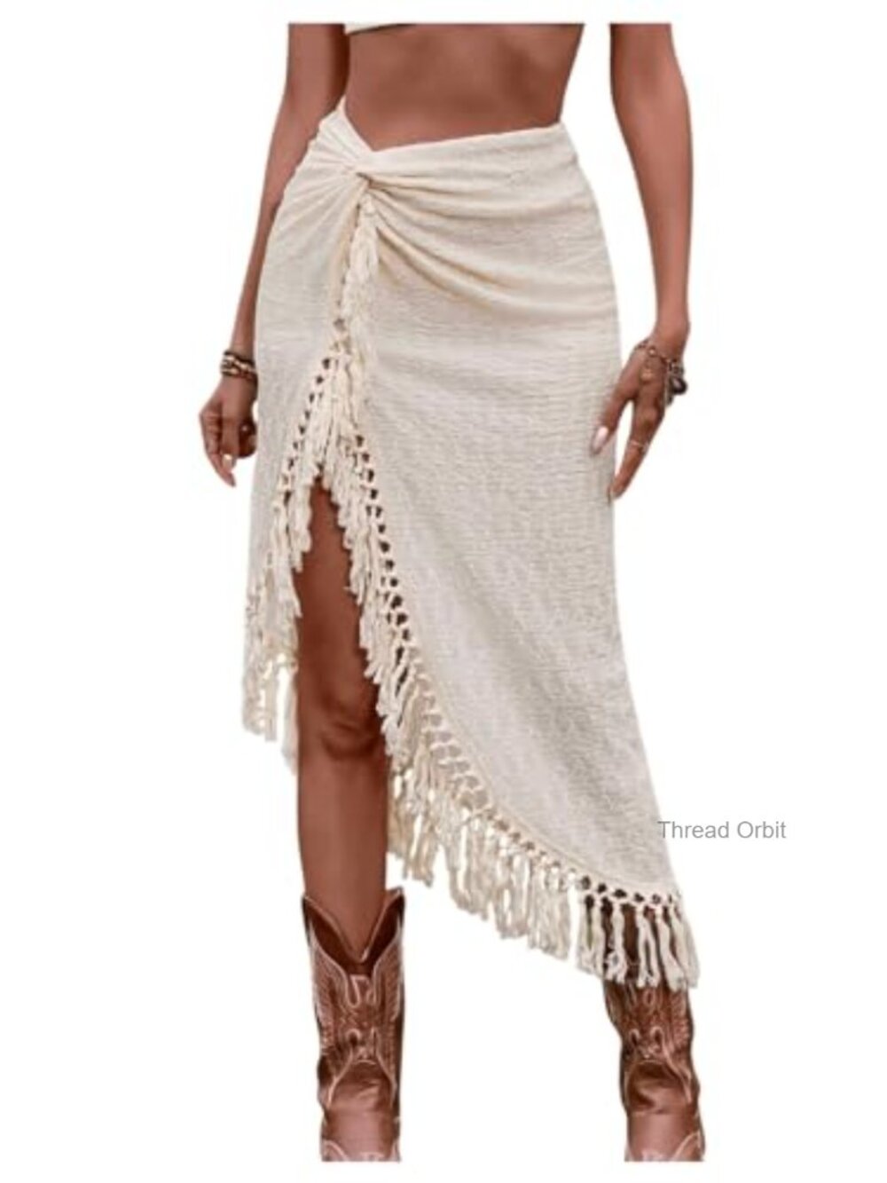 Women's Twist Front High Waist Boho Fringe Tassel Midi Slit Skirt